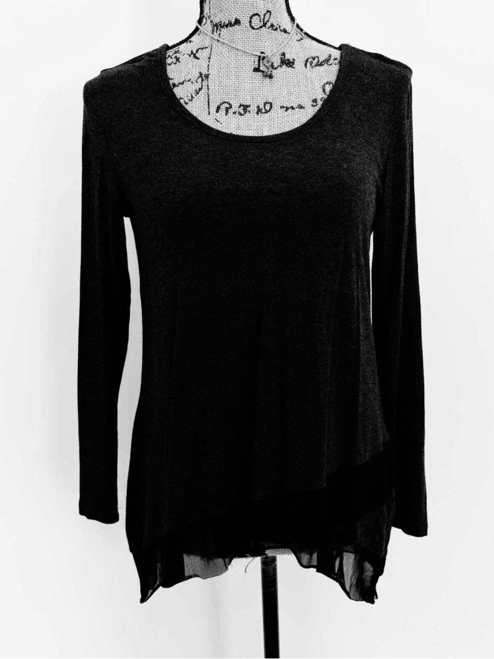 Cupio Black Long Sleeve Scoop Neck Tunic Top with Sheer Layered Chiffon Hem